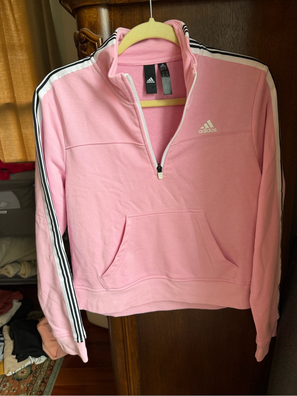adidas Pink Half‑Zip Sweatshirt with 3‑Stripe Sleeves